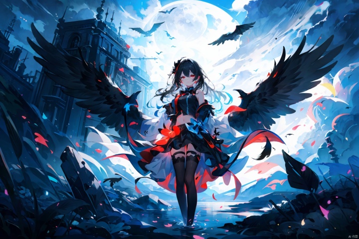  (((masterpiece))),best quality, extremely detailed CG unity 8k, illustration, contour deepening beautiful detailed glow,(beautiful detailed eyes), (1 girl:1.1), ((Bana)), large top sleeves, Floating black ashes, Beautiful and detailed black, red moon, ((The black clouds)), (black Wings) , a black cloudy sky, burning, black dress, (beautiful detailed eyes), black expressionless, beautiful detailed white gloves, (crow), bat, (floating black cloud:1.5),white and black hair, disheveled hair, long bangs, hairs between eyes, black knee-highs, black ribbon, white bowties, midriff,{{{half closed eyes}}},((Black fog)), Red eyes, (black smoke), complex pattern, ((Black feathers floating in the air)), (((arms behind back)))