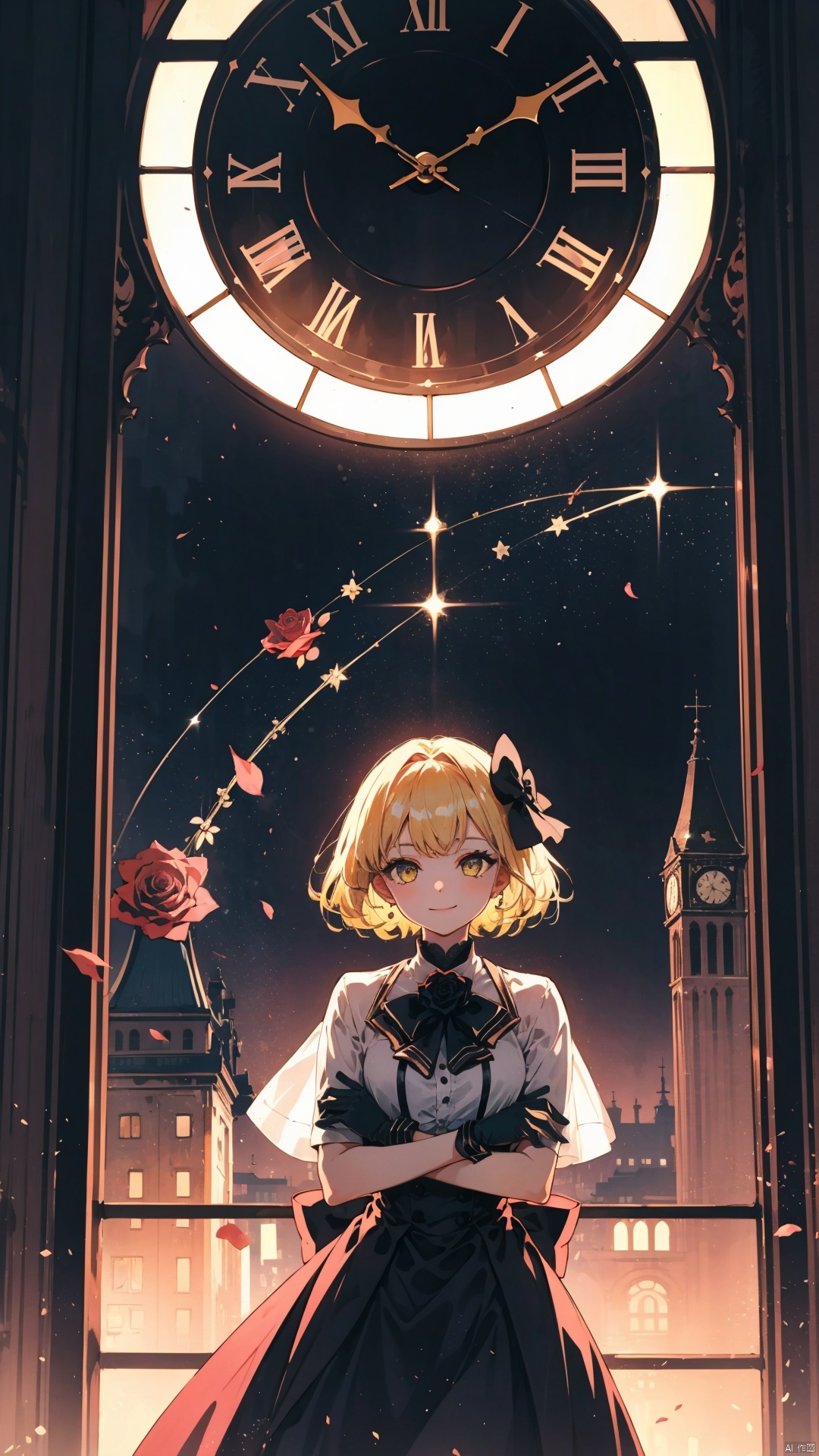 1girl, anniversary, blonde_hair, bow, chandelier, clock, clock_tower, constellation, crossed_arms, dress, flower, formal, gloves, hair_bow, holding, jacket, light_particles, pink_rose, red_rose, (roman_numeral:1.2), rose, short_hair, smile, white_rose, window, yellow_flower, yellow_rose,