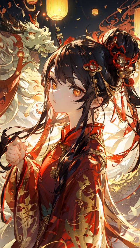 ink painting,1girl,hair_ornament, jewelry,bang long_hair, long_sleeves, looking_at_viewer, solo,(((peking opera))),((Peking Opera costume)),black_hair, backlight, eastern dragon,upper_body,chinese_clothes,clouds,fire,(orange theme),white background,white dress,gold_trim