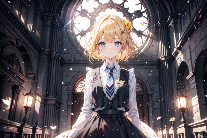  (long shot,wide shot,panorama),lens_flare,masterpiece,best quality,(ray tracing, cinematic lighting),ex-light,(central composition), (Centered Composition and Symmetry),(1girl:1.2), short hair, bangs, blonde hair, shirt, hair ornament, long sleeves, dress, bow, holding, jewelry, standing, upper body, white shirt, flower, hair bow, frills, necktie, indoors, vest, black dress, black bow, formal, frilled dress, black vest, yellow flower, clock, church, updo, backlight,Tyndall Effect,closed_mouth,light