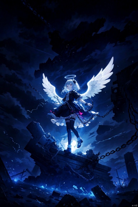  masterpiece,best quality,high quality,(colorful),1girl,loli,(sunlight),(angel),dynamic angle,floating,wing,halo,floating white silk,(Holy Light),silver stars,1girl,chain ring,chain storm,dark chain,((wholeblack bloomer)),darkside,night,deep dark,darkness,((dark clouds)),((ruins)),shadow,death garden,