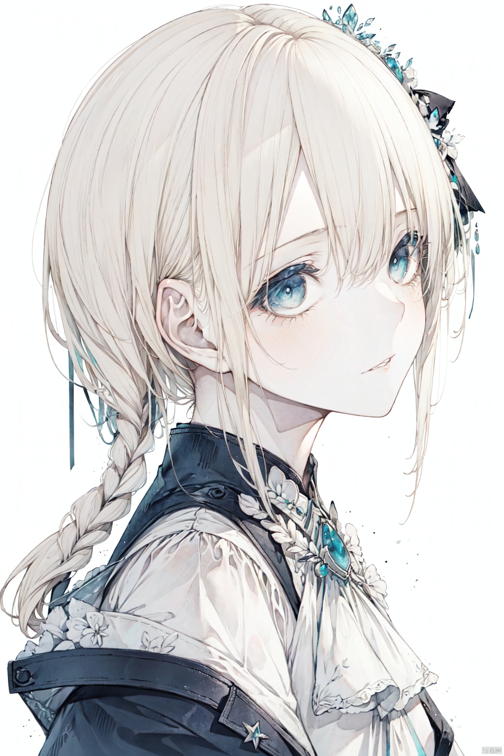 1girl, solo, long hair, bangs, blue eyes, blonde hair, simple background, white background, ribbon, hair between eyes, jewelry, jacket, hair ribbon, braid, sidelocks, parted lips, from side, ascot, brooch, portrait, violet evergarden