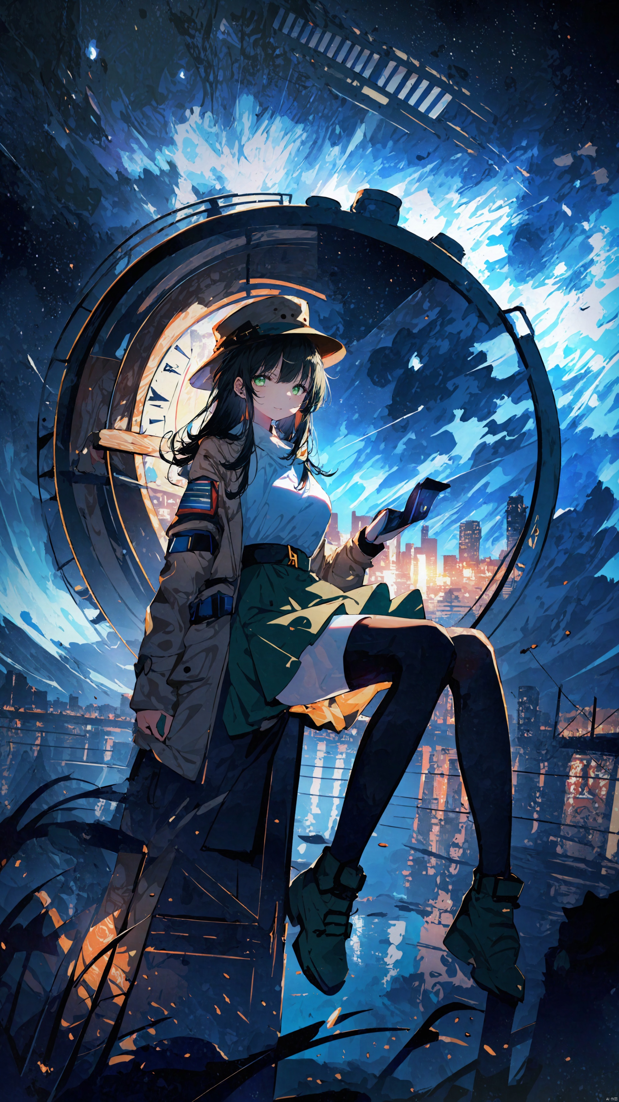  (masterpiece),best quality,highres,stunning art,beautifully painted,colorful,(rim light:1.2),4K wallpapper,fantasy,(panorama),(huge circular flowing round_ramed_clock background),through space,(huge circular flowing transparent hollow round_ramed_clock on top:1.3),complete round_ramed_clock,(((circular surround floating cityscape landscape))),solo,1girl,slim,sitting_invisible_chair,gentle smile,(black thighhighs),long black hair,blunt bangs, green eyes,(khaki fedora), khaki coat,long light-green dress, light-greenshoes,space background,starry_sky,galaxy,red moon