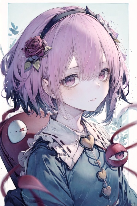  1girl, komeiji_satori, solo, looking_at_viewer, short_hair, bangs, shirt, hair_ornament, red_eyes, upper_body, pink_hair, flower, heart, hairband, frills, parted_lips, hair_flower, medium_hair, hair_over_one_eye, blood, buttons, floating_hair, rose, blue_shirt, plant, white_background, blouse, red_flower, third_eye, frilled_shirt_collar, red_rose, heart_hair_ornament, vines, thorns, heart_button, backlight, komeiji satori, hitoroa