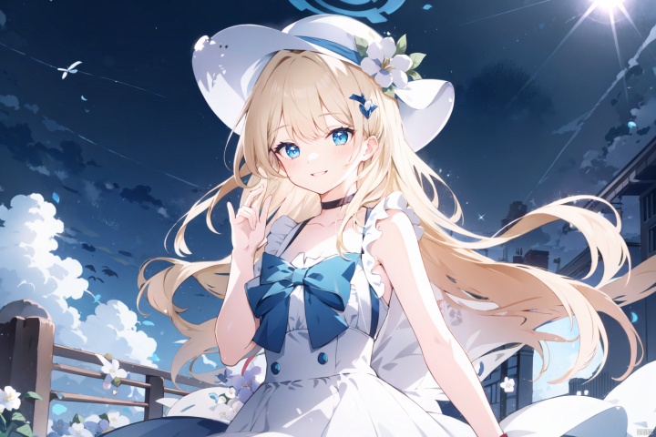  1girl, solo, long hair, breasts, looking at viewer, smile, bangs, blue eyes, blonde hair, hair ornament, hat, dress, ribbon, bare shoulders, very long hair, standing, collarbone, flower, outdoors, sky, sleeveless, choker, day, cloud, hand up, hair flower, white dress, blue sky, book, sleeveless dress, halo, hair intakes, white flower, blue ribbon, wind, sun hat, straw hat, hat flower, sundress, white choker, blue choker, tokidef