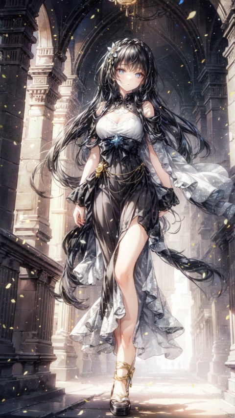  The lady's face was sweet and calm, with long black hair shimmering with silver shadows at the ends. Her long skirt, like the night sky, was adorned with exquisite silver patterns and light gold tassels. She stood there, like a noble and noble woman walking out of the palace, emitting a mysterious and lazy aura, fantasy