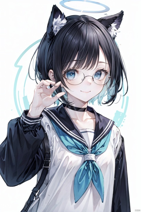  1girl, solo, looking at viewer, smile, short hair, bangs, simple background, shirt, black hair, long sleeves, white background, animal ears, closed mouth, school uniform, upper body, glasses, serafuku, choker, sailor collar, neckerchief, halo, round eyewear, adjusting eyewear, blue neckerchief, backlight