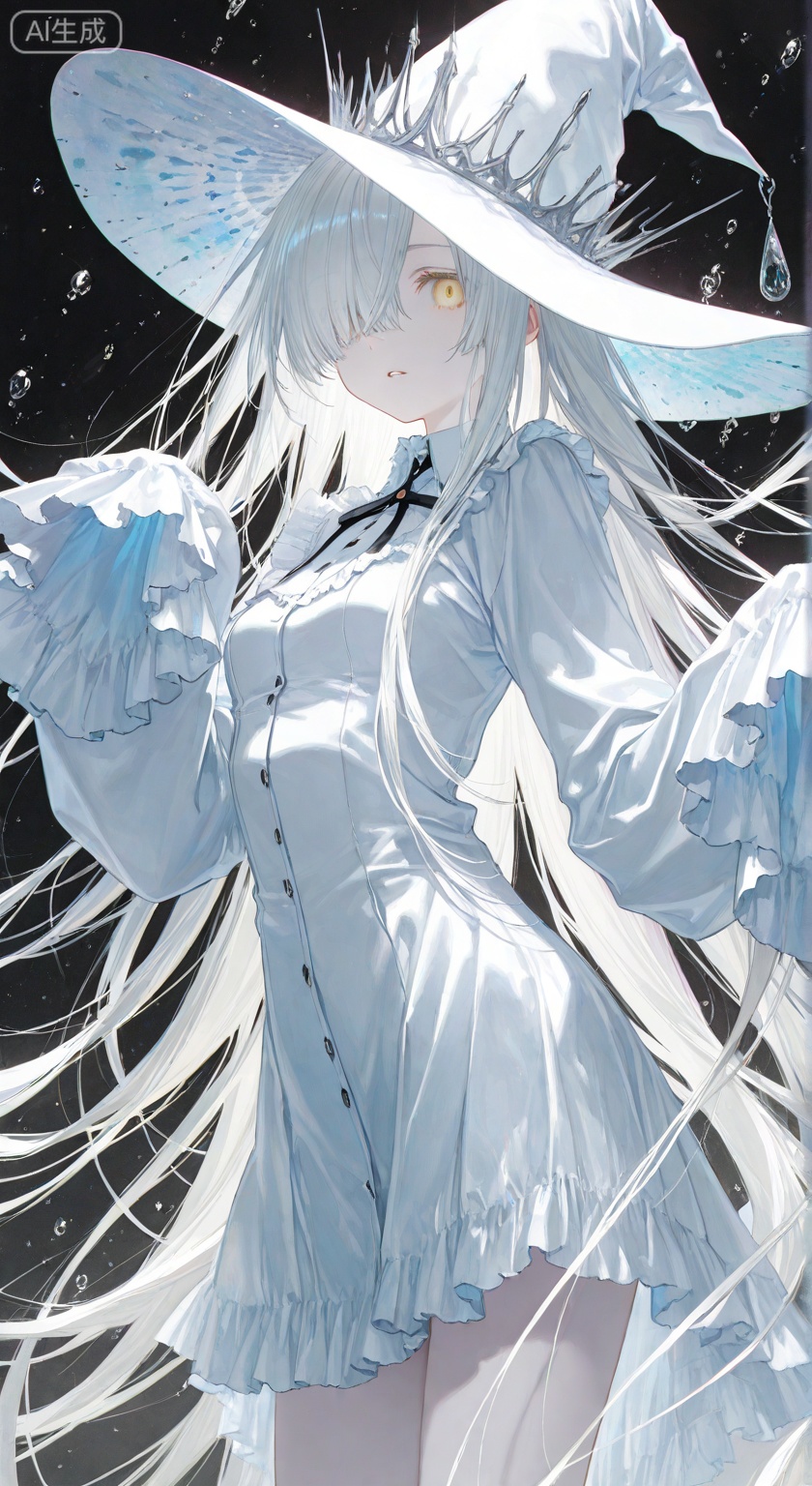 1girl, solo, long hair, breasts, looking at viewer, bangs, hat, dress, very long hair, standing, yellow eyes, white hair, small breasts, parted lips, hair over one eye, sleeves past wrists, glowing, colored skin, pale skin, sleeves past fingers, white skin, water drop

 ,(artist:aoki ume:1.2),(artist:quasarcake:0.6),extreme aesthetic,masterpiece,best quality,backlight,high quality,(Tyndall Effect 1.4),extremely detailed,High Detail,vibrant colors,anime style,(wanke:0.8),(watercolor \(tira 7:0.8),(lam (ramdayo):0.8),(mochizuki kei:0.8),extreme aesthetic,masterpiece,best quality,good quality,newest,very aesthetic,absurdres,Visual impact,32K UHD,colorful,sharp focus ,