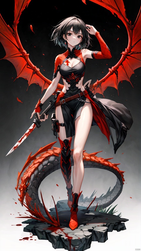  Best quality, masterpiece, ultra high res, 1 girl, beautiful face, detailed skin, gu, dragon, full body, weapon, black hair, holding weapon, blood, arm guards, male focus, looking at viewer, black eyes, tabi, floating hair, full body, orange, hands up