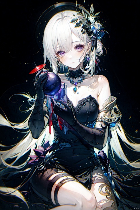  1girl, solo, long hair, looking at viewer, blush, bangs, hair ornament, gloves, dress, holding, bare shoulders, jewelry, sitting, closed mouth, purple eyes, white hair, earrings, alternate costume, elbow gloves, necklace, strapless, formal, strapless dress, purple dress, purple gloves, hitoroa