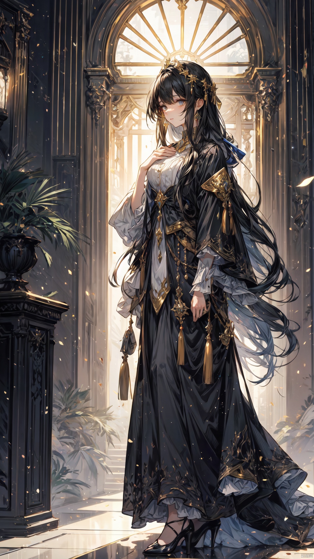  The lady's face was sweet and calm, with long black hair shimmering with silver shadows at the ends. Her long skirt, like the night sky, was adorned with exquisite silver patterns and light gold tassels. She stood there, like a noble and noble woman walking out of the palace, emitting a mysterious and lazy aura, fantasy