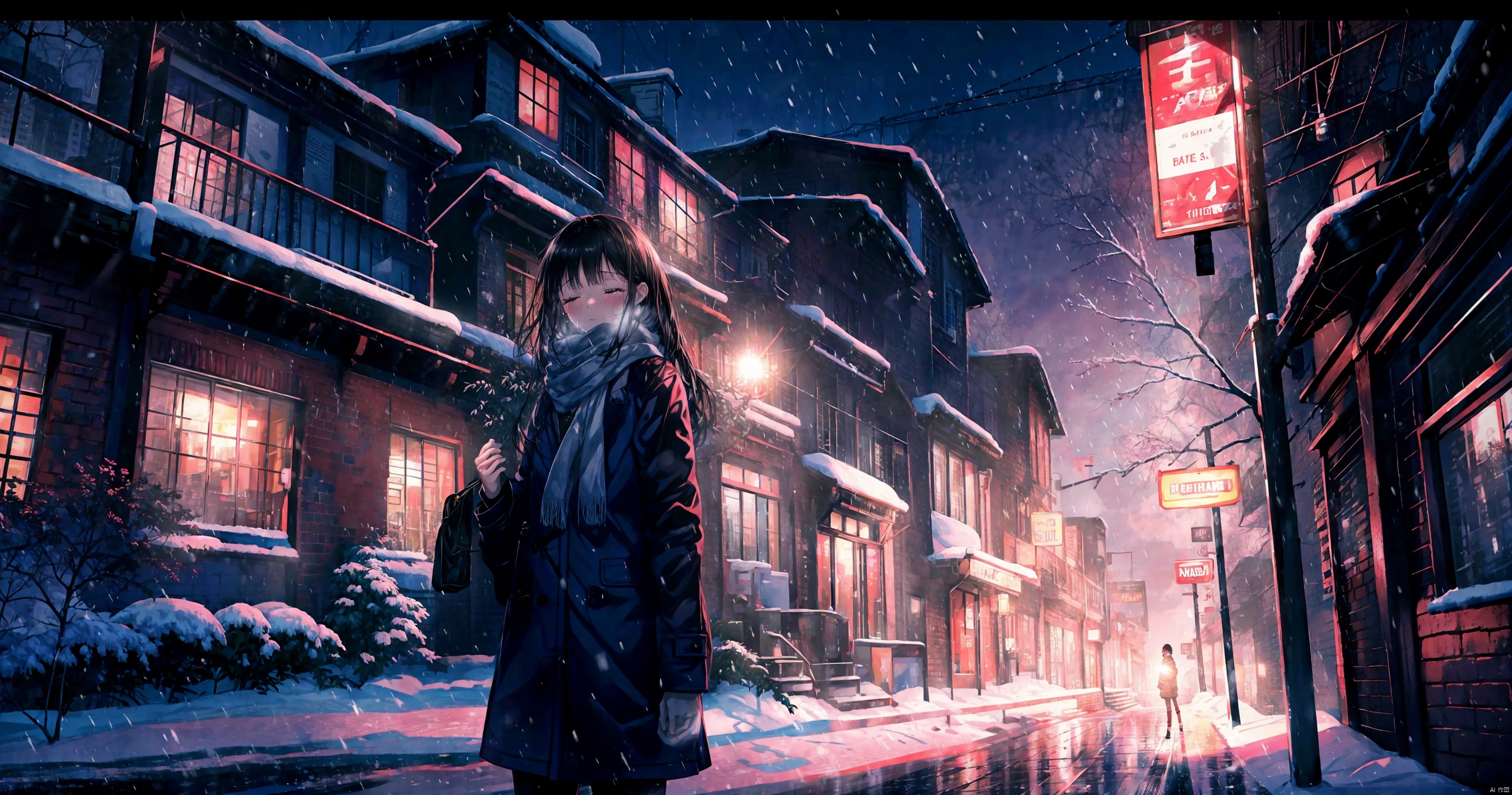  1girl, long hair, black hair, closed eyes, outdoors, solo focus, bag, scarf, tree, coat, night, crying, letterboxed, building, scenery, snow, snowing, city, winter, power lines, bare tree, backlight