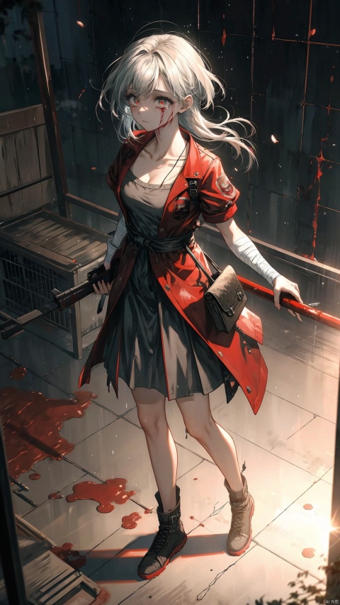 full body,Blood Mist, background_Urban rooftop,1 girl,despair,blood sakura,((masterpiece)), (((best quality))), ((ultra-detailed)), ((illustration)), ((disheveled hair)),Blood Cherry Blossom,torn clothes,crying with eyes open,solo,Blood Rain,bandages,Gunpowder smoke,beautiful deatailed shadow, Splashing blood,dust,tyndall effect