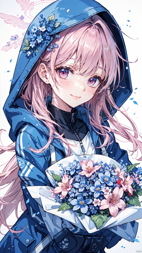 1girl, solo, long hair, looking at viewer, blush, smile, bangs, simple background, red eyes, gloves, long sleeves, white background, holding, jacket, upper body, pink hair, flower, hood, grin, halo, hooded jacket, hood up, blue flower, bouquet, holding bouquet, 30710