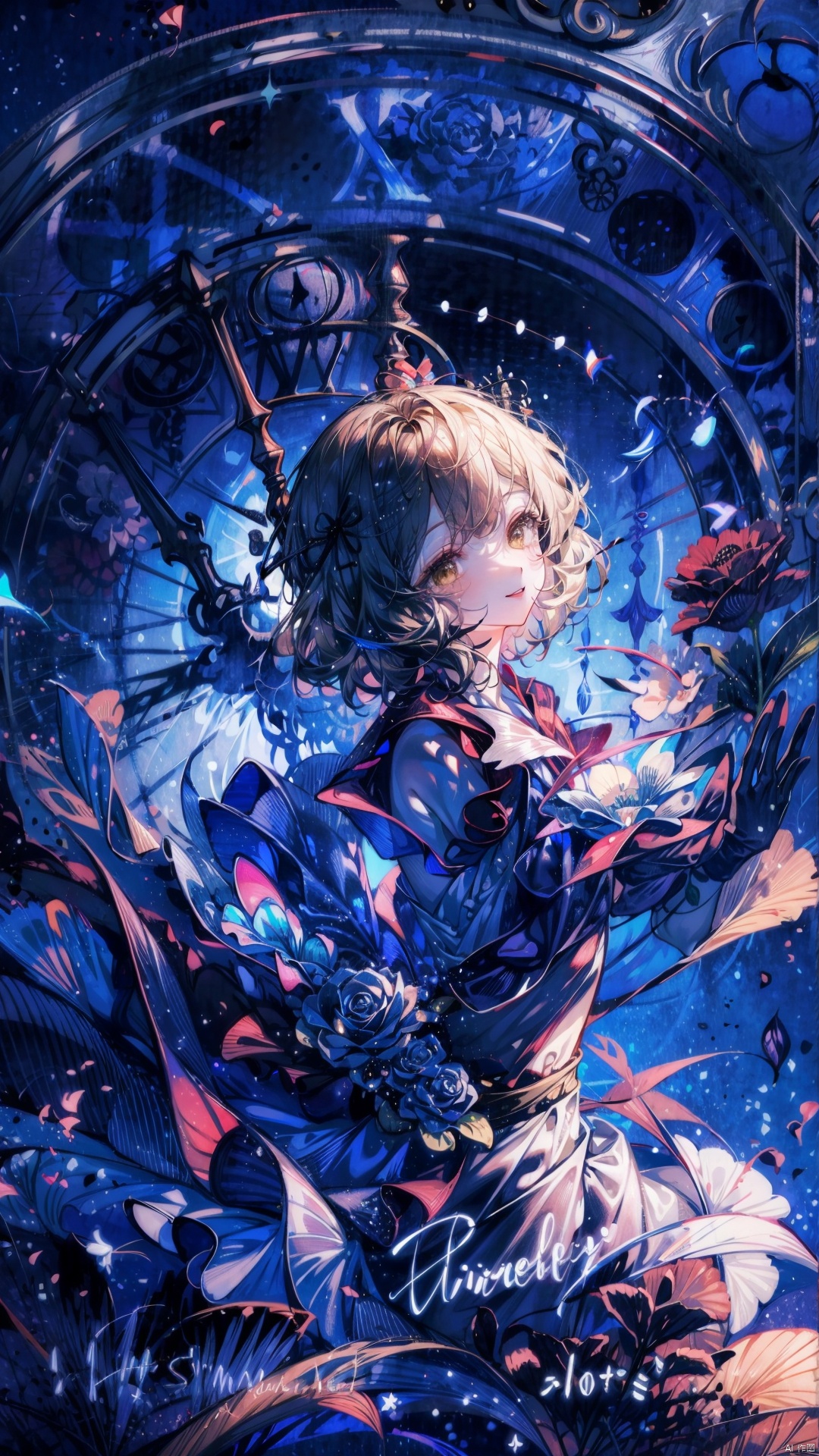  1girl, anniversary, blonde_hair, bow, chandelier, clock, clock_tower, constellation, , dress, flower, formal, gloves, hair_bow, holding, jacket, light_particles, moon, night, night_sky, pink_rose, red_rose, roman_numeral, rose, short_hair, sky, smile, star_\(sky\), starry_sky, white_rose, window, yellow_flower, yellow_rose,