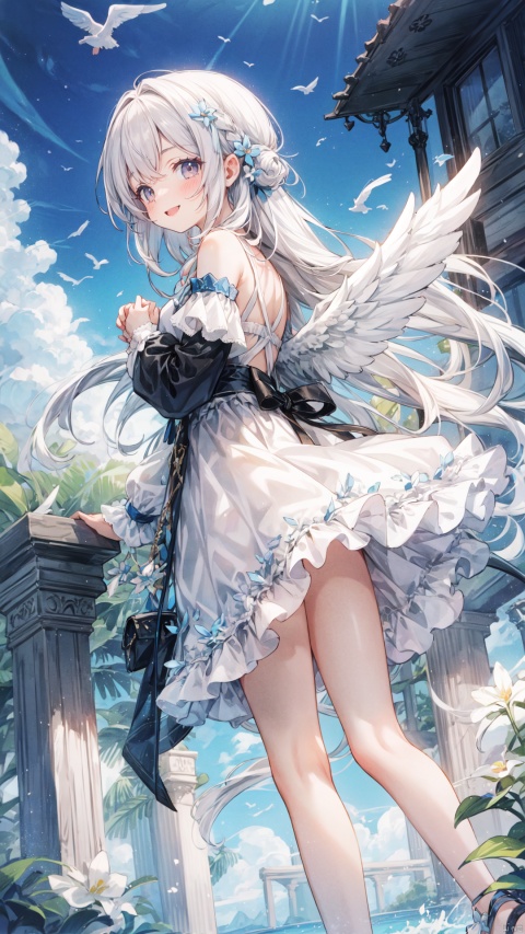  1girl, solo, long hair, looking at viewer, smile, bangs, long sleeves, dress, bare shoulders, brown eyes, very long hair, standing, flower, white hair, outdoors, frills, detached sleeves, wings, sky, cloud, white dress, floating hair, feet out of frame, frilled dress, own hands together, wind, feathered wings, angel wings, white wings, pillar, backlight
