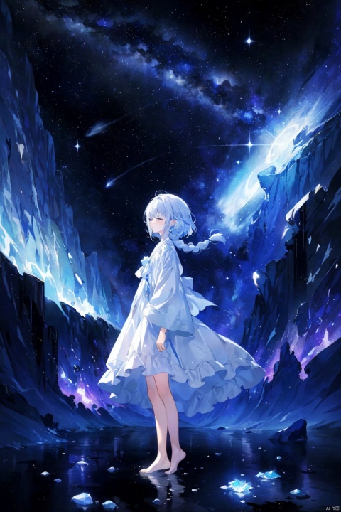  (silver, glimmer)),contrast,phenomenal aesthetic,best quality,sumptuous artwork,(masterpiece),(best quality),(ultra-detailed),(((illustration))),((an extremely delicate and beautiful)),(detailed light),cold theme,broken glass,broken wall,((an array of stars)),((starry sky)),the Milky Way,star,Reflecting the starry water surface,(1girl:1.3),awhite hair,blinking,white dress,closed mouth,constel lation,flat color,white hair,braid,blinking,white robe,barefoot,float,flat color,looking up,standing,medium hair,standing,solo,space,universe,Nebula,many stars,