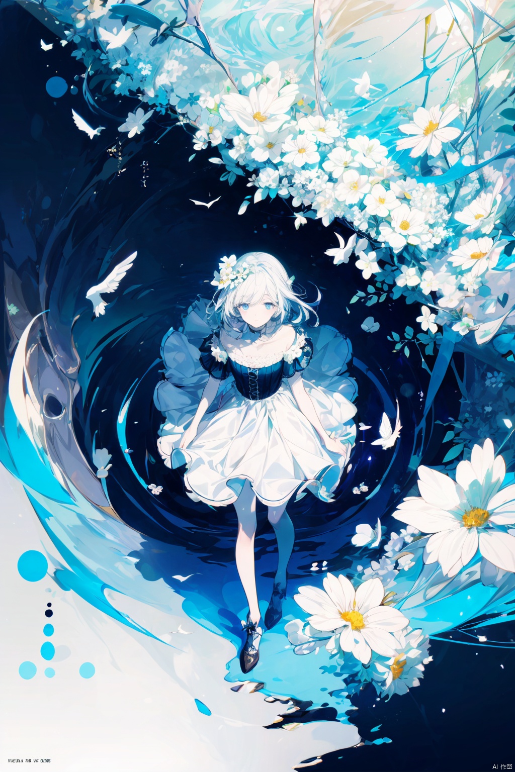  (official art, 8k wallpaper, ultra detailed, High quality, best quality),white flowers ,1girl,from above,bird's-eye_view,vintage filter,among flowers, backlight,limited_palette,white,field s of flowers
, colors