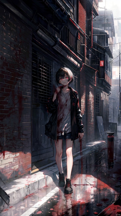  full body,Blood Mist, background_Urban rooftop,1 girl,despair,blood sakura,((masterpiece)), (((best quality))), ((ultra-detailed)), ((illustration)), ((disheveled hair)),Blood Cherry Blossom,torn clothes,crying with eyes open,solo,Blood Rain,bandages,Gunpowder smoke,beautiful deatailed shadow, Splashing blood,dust,tyndall effect
