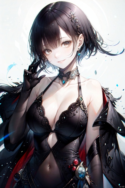  1girl, breasts, looking at viewer, smile, short hair, bangs, large breasts, black hair, gloves, dress, navel, bare shoulders, brown eyes, jewelry, collarbone, earrings, solo focus, black gloves, elbow gloves, black dress, covered navel, formal, feather boa,upper_body ,backlight, hitoroa