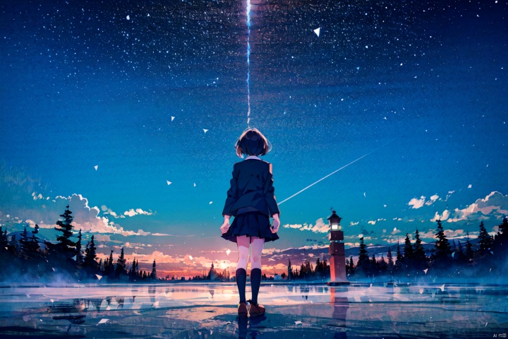  best quality, amazing quality, very aesthetic,1girl, sky, star_\(sky\), solo, skirt, cloud, socks, starry_sky, school_uniform, outstretched_arms, outdoors, short_hair, kneehighs, scenery, long_sleeves, from_behind, jacket, black_socks, spread_arms, pleated_skirt, reflection, brown_hair, building, tree, facing_away, black_jacket, floating, blazer, black_skirt, night, no_shoes, black_hair, siji