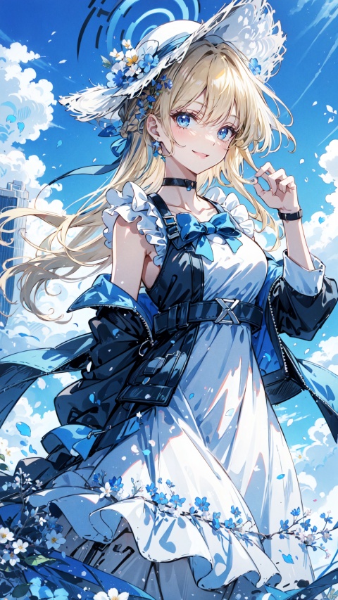 1girl, solo, long hair, breasts, looking at viewer, smile, bangs, blue eyes, blonde hair, hair ornament, hat, dress, ribbon, bare shoulders, very long hair, standing, collarbone, flower, outdoors, sky, sleeveless, choker, day, cloud, hand up, hair flower, white dress, grin, blue sky, book, sleeveless dress, halo, hair intakes, white flower, blue ribbon, wind, sun hat, straw hat, hat flower, sundress, white choker, blue choker, tokidef