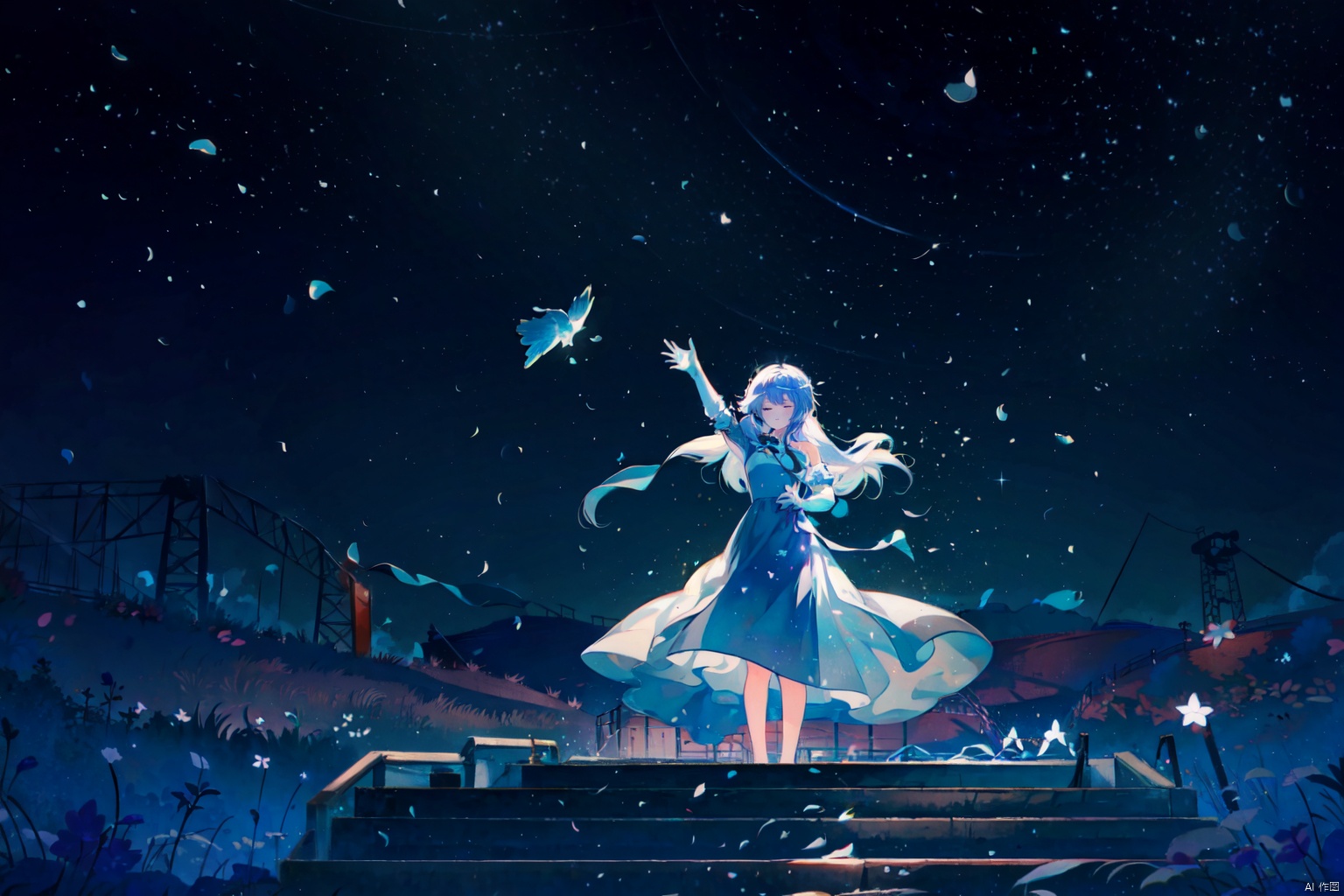  1girl, solo, long hair, breasts, bangs, gloves, dress, bare shoulders, very long hair, closed mouth, blue hair,purple_hair,white_hair, standing, full body, closed eyes, wings, blue dress, halo, skirt hold,stars,night,galaxy,stage,light,moonlight,shadow,idol,tunes,song,singing,music_notes,music,starry_sky,round_ramed_clock on top,audience,cheer, siji