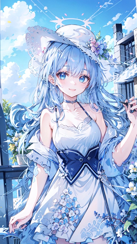  1girl, solo, long hair, breasts, looking at viewer, smile, bangs, blue eyes, blonde hair, hair ornament, hat, dress, ribbon, bare shoulders, very long hair, standing, collarbone, flower, outdoors, sky, sleeveless, choker, day, cloud, hand up, hair flower, white dress, grin, blue sky, book, sleeveless dress, halo, hair intakes, white flower, blue ribbon, wind, sun hat, straw hat, hat flower, sundress, white choker, blue choker, tokidef