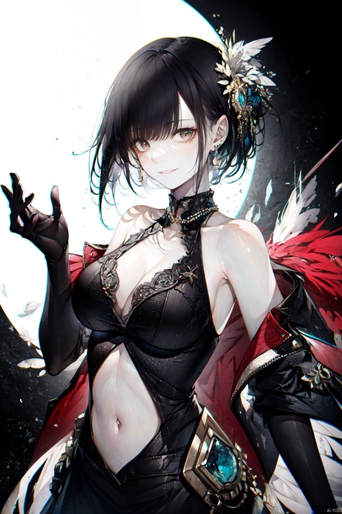  1girl, breasts, looking at viewer, smile, short hair, bangs, large breasts, black hair, gloves, dress, navel, bare shoulders, brown eyes, jewelry, collarbone, earrings, solo focus, black gloves, elbow gloves, black dress, covered navel, formal, feather boa,upper_body ,backlight, hitoroa