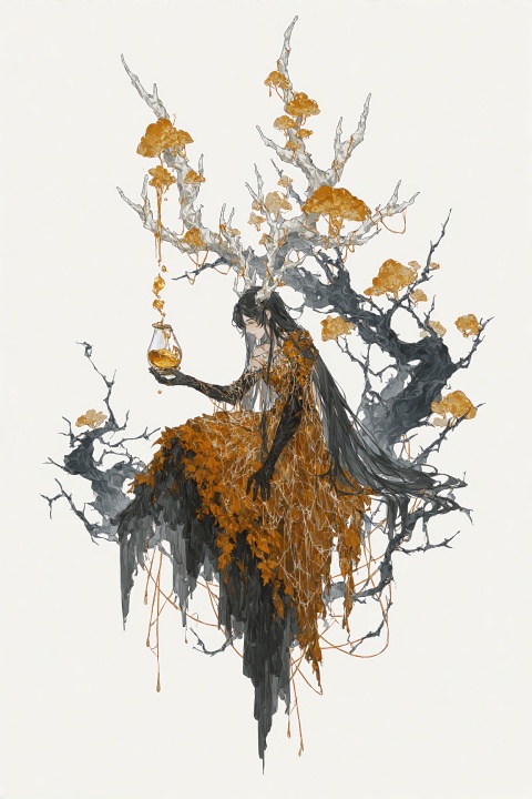 <character_1>
<n></n>
<gender></gender>
<appearance></appearance>
<clothing></clothing>
<body_type></body_type>
<expression></expression>
<action></action>
<interaction></interaction>
<position></position>
</character_1>

<general_tags>
<count>1girl</count>
<artists>eteru, shuaigegentou, shu bing, youamo, gillannn, zhanzhan lan, bingbing \(hrppbb\), mechari, chenshuisuhe, xixun,</artists>
<style>digital art, painterly style, high detail, anime style</style>
<background></background>
<perspective></perspective>
<atmosphere></atmosphere>
<lighting></lighting>
<quality>masterpiece, very aesthetic masterpiece, amazing quality, best quality, very aesthetic, highres, absurdres, perfect composition, newest, </quality>
<objects></objects>
<other></other>
</general_tags>

<caption>"A melancholic forest spirit with long, charcoal-grey hair, seated gracefully on an invisible throne of floating, twisting thorny vines. She has large, asymmetrical antlers made of pale, bone-white dead wood adorned with glowing amber fungi. She wears an intricate, tattered gown composed of translucent woven cobwebs and layered, decaying autumn leaves in shades of deep orange, gold, and pitch black. One of her arms is covered in dark, textured tree bark, holding a shattered, glowing amber hourglass with golden sand spilling upwards. Abstract, chaotic charcoal brushstrokes, floating ash, and fine, geometric crimson lines frame her silhouette against a stark, empty off-white background. The art style is a highly detailed, fantasy standing-art illustration with a fragile, beautiful, and slightly dark atmosphere, focusing on the contrast between decay and divine elegance."</caption>