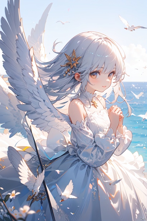  1girl, solo, long hair, looking at viewer, smile, bangs, long sleeves, dress, bare shoulders, brown eyes, very long hair, standing, flower, white hair, frills, detached sleeves, wings, white dress, floating hair, frilled dress, own hands together, wind, feathered wings, angel wings, white wings, pillar, backlight