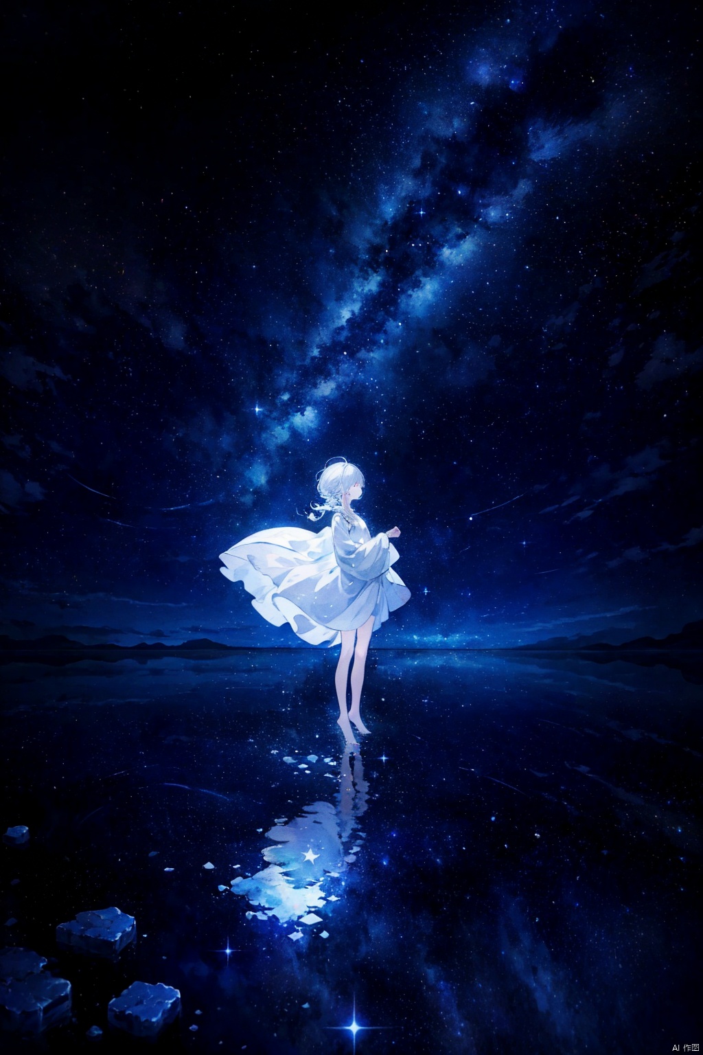  (silver, glimmer)),contrast,phenomenal aesthetic,best quality,sumptuous artwork,(masterpiece),(best quality),(ultra-detailed),(((illustration))),((an extremely delicate and beautiful)),(detailed light),cold theme,broken glass,broken wall,((an array of stars)),((starry sky)),the Milky Way,star,Reflecting the starry water surface,(1girl:1.3),awhite hair,blinking,white dress,closed mouth,constel lation,flat color,white hair,braid,blinking,white robe,barefoot,float,flat color,looking up,standing,medium hair,standing,solo,space,universe,Nebula,many stars,