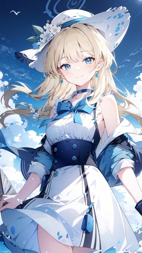  1girl, solo, long hair, breasts, looking at viewer, smile, bangs, blue eyes, blonde hair, hair ornament, hat, dress, ribbon, bare shoulders, very long hair, standing, collarbone, flower, outdoors, sky, sleeveless, choker, day, cloud, hand up, hair flower, white dress, blue sky, book, sleeveless dress, halo, hair intakes, white flower, blue ribbon, wind, sun hat, straw hat, hat flower, sundress, white choker, blue choker, tokidef