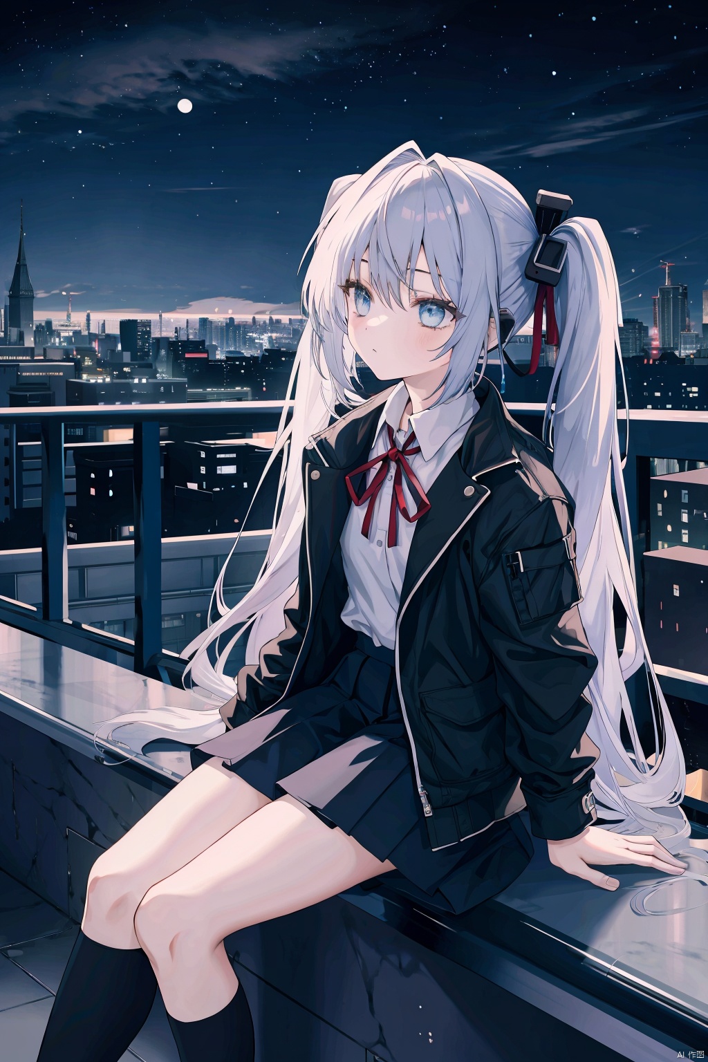 1girl,solo, long hair, skirt, school uniform, socks, sitting, jacket, night, looking up, very long hair, pleated skirt, shoes, sky, black footwear, blue eyes, black skirt, bow, shirt, white shirt, kneehighs, serafuku, night sky, open clothes, twintails, hair ornament, black jacket, open jacket, cityscape, ribbon, bangs, railing