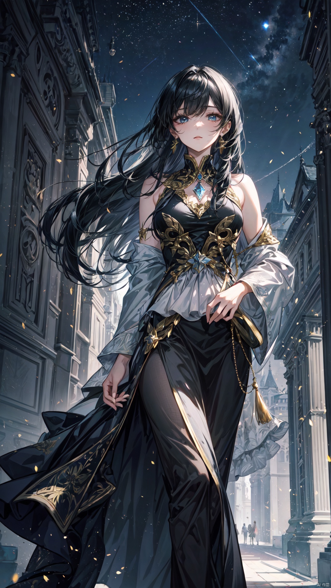 The lady's face was sweet and calm, with long black hair shimmering with silver shadows at the ends. Her long skirt, like the night sky, was adorned with exquisite silver patterns and light gold tassels. She stood there, like a noble and noble woman walking out of the palace, emitting a mysterious and lazy aura