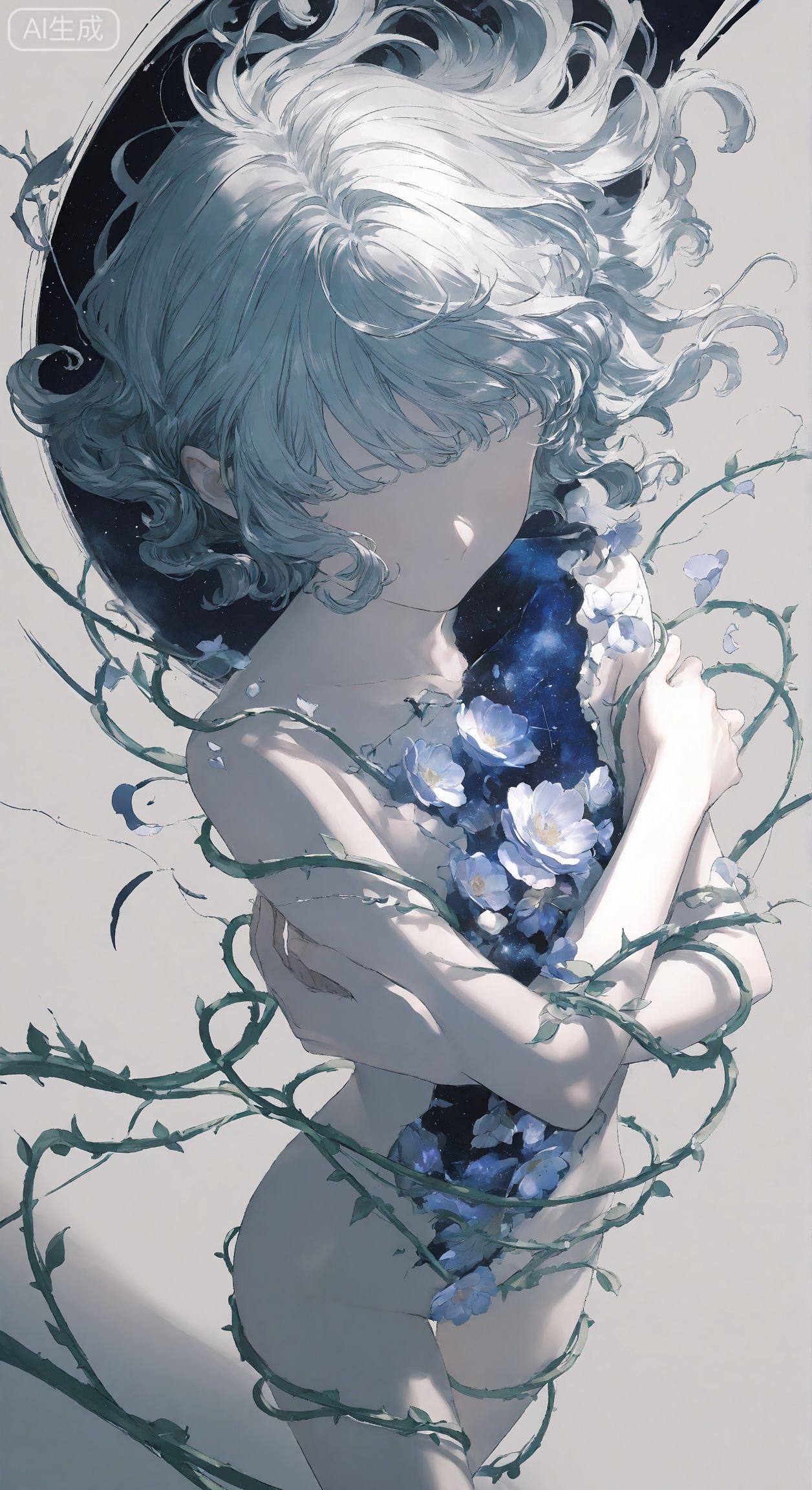solo,no eyes,short_hair,silver_hair,curly_hair,floating hair, dyanmic angle, crossed arms,hugging own arms,Naked vines,flowers, broken body,blending, surreal,hole in chest,negative space,shade, masterpiece,best guality,faceless, syokuuuuuuuuumura,cosmic_(crownclowncosmic),midori foo,keishin,(cuso4_suiwabutu:0.8),