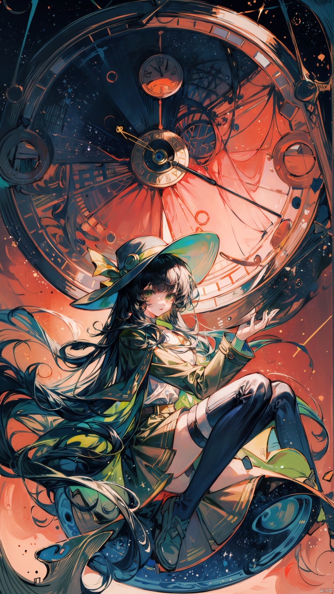  (masterpiece),best quality,highres,stunning art,beautifully painted,colorful,(rim light:1.2),4K wallpapper,fantasy,(panorama),(huge circular flowing round_ramed_clock background),through space,(huge circular flowing transparent hollow round_ramed_clock on top:1.3),complete round_ramed_clock,(((circular surround floating cityscape landscape))),solo,1girl,slim,sitting_invisible_chair,gentle smile,(black thighhighs),long black hair,blunt bangs, green eyes,(khaki fedora), khaki coat,long light-green dress, light-greenshoes,space background,starry_sky,galaxy,red moon