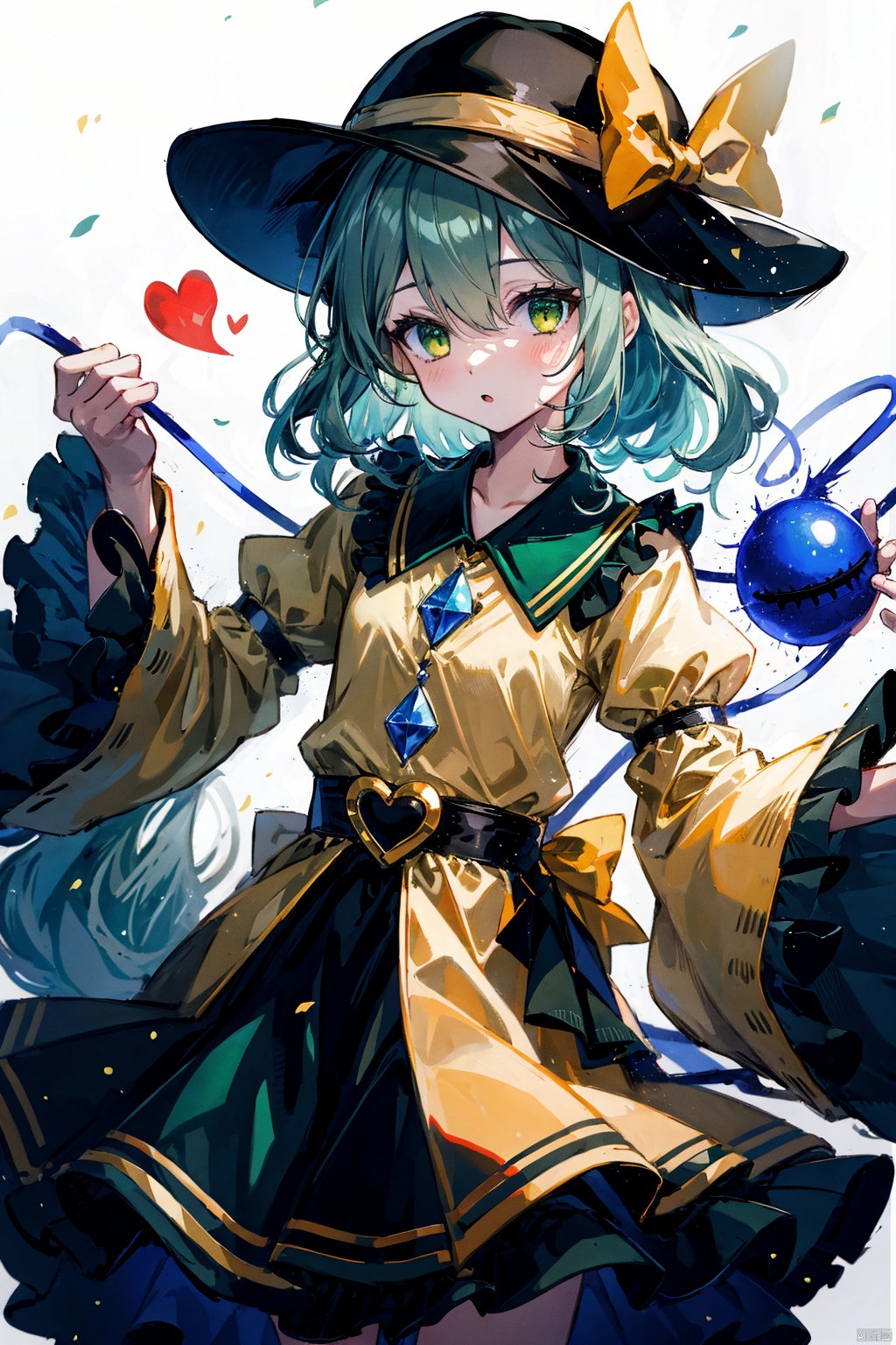  1girl, komeiji koishi, solo, hat, third eye, skirt, green eyes, green skirt, shirt, yellow shirt, bow, heart, long sleeves, heart of string, simple background, black headwear, looking at viewer, ribbon, hat ribbon, frills, wide sleeves, frilled sleeves, eyeball, wavy hair, hair between eyes, frilled shirt collar, bangs, hat bow, blouse, yellow ribbon, green hair, cowboy shot, grey hair, yellow bow, collared shirt, medium hair, backlight