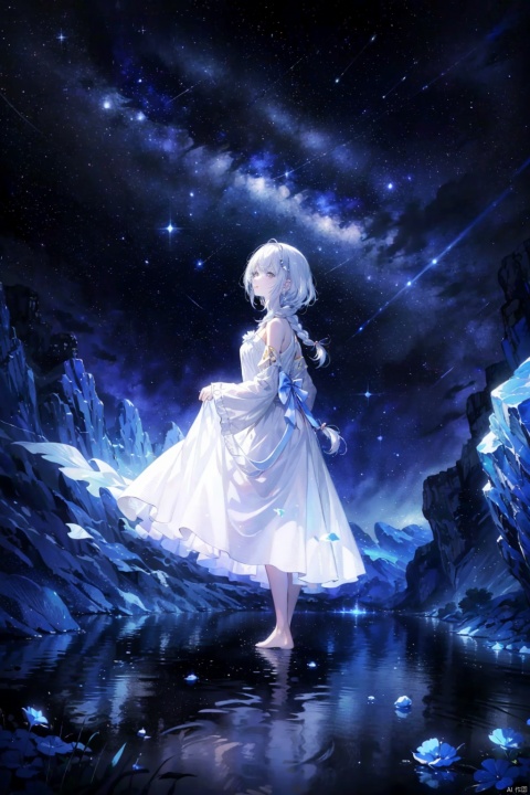  (silver, glimmer)),contrast,phenomenal aesthetic,best quality,sumptuous artwork,(masterpiece),(best quality),(ultra-detailed),(((illustration))),((an extremely delicate and beautiful)),(detailed light),cold theme,broken glass,broken wall,((an array of stars)),((starry sky)),the Milky Way,star,Reflecting the starry water surface,(1girl:1.3),awhite hair,blinking,white dress,closed mouth,constel lation,flat color,white hair,braid,blinking,white robe,barefoot,float,flat color,looking up,standing,medium hair,standing,solo,space,universe,Nebula,many stars,