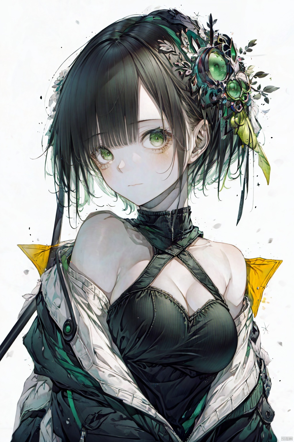  1girl, solo, breasts, looking at viewer, short hair, bangs, large breasts, simple background, black hair, white background,, cleavage, bare shoulders, closed mouth, green eyes, jacket, upper body, dark skin, off shoulder, dark-skinned female, black jacket,  ,hitoroa
