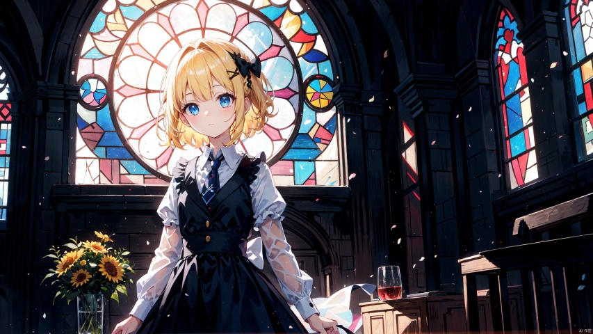  (long shot,wide shot,panorama),lens_flare,masterpiece,best quality,(ray tracing, cinematic lighting),ex-light,(central composition), (Centered Composition and Symmetry),(1girl:1.2), short hair, bangs, blonde hair, shirt, hair ornament, long sleeves, dress, bow, holding, jewelry, standing, upper body, white shirt, flower, hair bow, frills, necktie, indoors, vest, black dress, black bow, siblings, formal, frilled dress, black vest, yellow flower, clock, (stained glass:1.2), updo, backlight,Tyndall Effect,closed_mouth,light,(shadow)