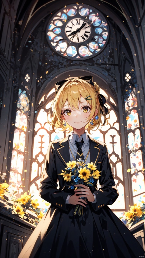  (long shot, wide shot, panorama), lens_flare, masterpiece, best quality, (ray tracing, cinematic lighting), ex-light, (central composition), (Centered Composition and Symmetry), (1girl:1.2), short hair, bangs, blonde hair, shirt, hair ornament, long sleeves, dress, bow, holding, jewelry, standing, upper body, white shirt, flower, hair bow, frills, necktie, indoors, vest, black dress, black bow, formal, frilled dress, black vest, yellow flower, clock, church, updo, backlight, Tyndall Effect, closed_mouth, light