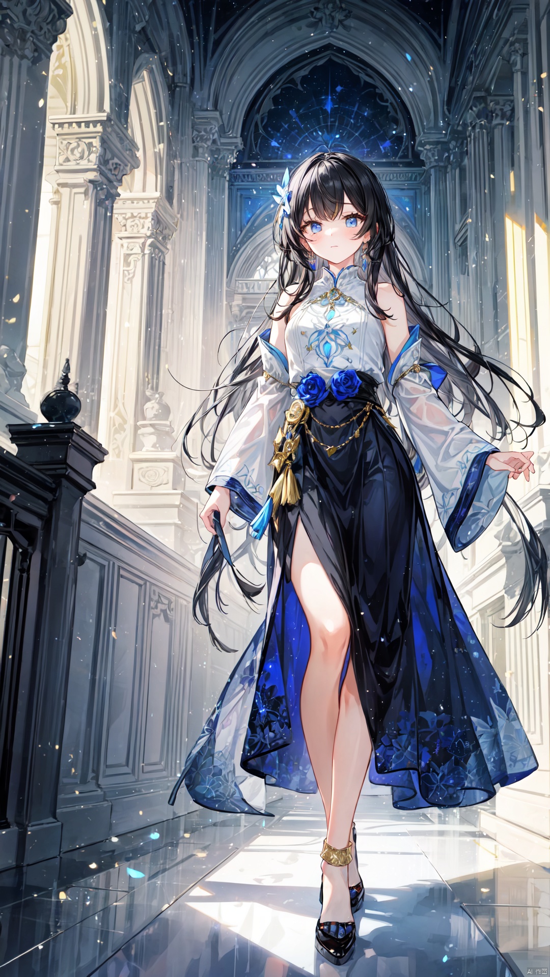  The lady's face was sweet and calm, with long black hair shimmering with silver shadows at the ends. Her long skirt, like the night sky, was adorned with exquisite silver patterns and light gold tassels. She stood there, like a noble and noble woman walking out of the palace, emitting a mysterious and lazy aura, fantasy