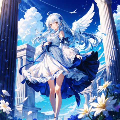 1girl, solo, long hair, looking at viewer, smile, bangs, long sleeves, dress, bare shoulders, brown eyes, very long hair, standing, flower, white hair, outdoors, frills, detached sleeves, wings, sky, cloud, white dress, floating hair, feet out of frame, frilled dress, own hands together, wind, feathered wings, angel wings, white wings, pillar
