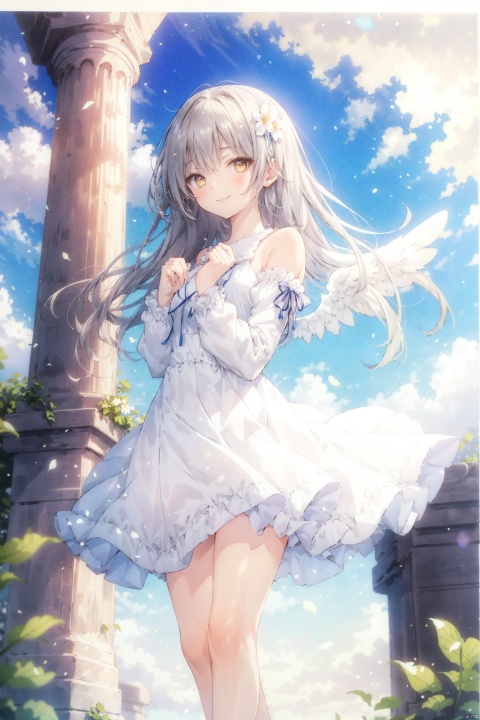  1girl, solo, long hair, looking at viewer, smile, bangs, long sleeves, dress, bare shoulders, brown eyes, very long hair, standing, flower, white hair, outdoors, frills, detached sleeves, wings, sky, cloud, white dress, floating hair, feet out of frame, frilled dress, own hands together, wind, feathered wings, angel wings, white wings, pillar
