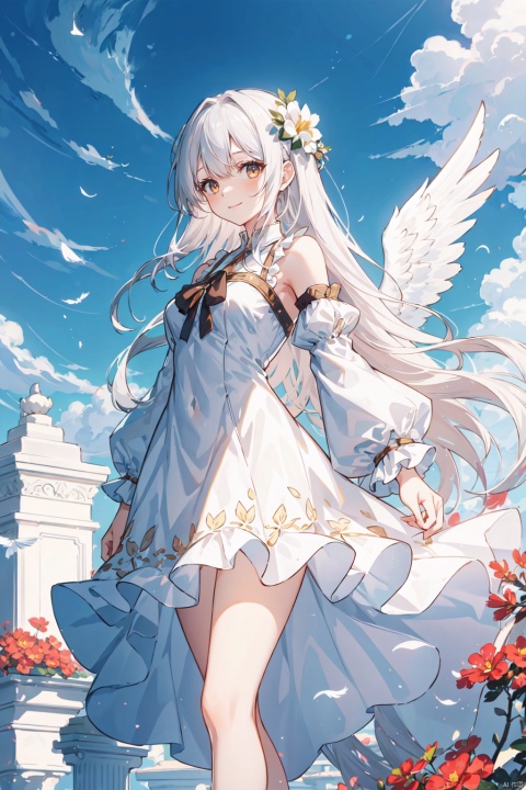 1girl, solo, long hair, looking at viewer, smile, bangs, long sleeves, dress, bare shoulders, brown eyes, very long hair, standing, flower, white hair, outdoors, frills, detached sleeves, wings, sky, cloud, white dress, floating hair, feet out of frame, frilled dress, own hands together, wind, feathered wings, angel wings, white wings, pillar, backlight