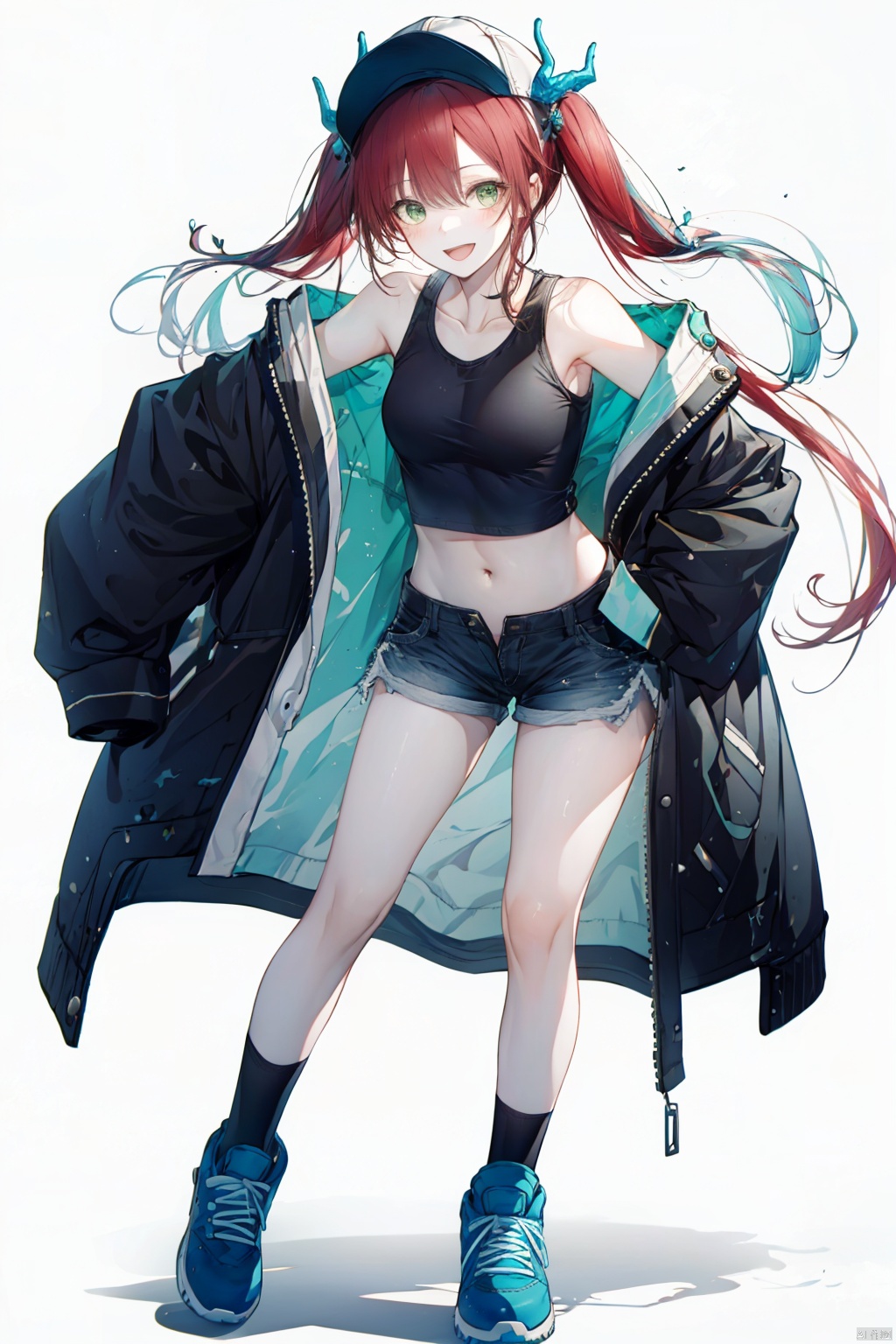  1girl, solo, long hair, breasts, looking at viewer, blush, smile, open mouth, bangs, simple background, shirt, long sleeves, hat, white background, navel, bare shoulders, twintails, very long hair, green eyes, standing, jacket, full body, :d, thighs, red hair, open clothes, horns, shoes, shorts, sleeveless, alternate costume, socks, midriff, off shoulder, stomach, black footwear, arm up, aqua eyes, open jacket, black jacket, crop top, short shorts, sleeveless shirt, leaning forward, low twintails, white socks, sneakers, baseball cap, blue headwear, blue shorts, blue footwear, contemporary, hand on headwear, , backlight, hitoroa