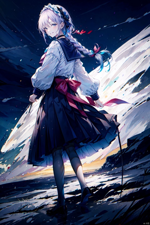  1 girl,long hair, looking at viewer, smile, bangs, blue eyes, skirt, shirt, long sleeves, ribbon, closed mouth, school uniform, blue hair, purple eyes, hair ribbon, pink hair, braid, white hair, pantyhose, multicolored hair, pleated skirt, hairband, lying, sky, barefoot, serafuku, choker, day, looking back, cloud, on back, sailor collar, water, grin, two-tone hair, blue sky, white skirt, blue shirt, white ribbon, white sailor collar, colored inner hair, bow hairband, blue serafuku, backlight, hitoroa