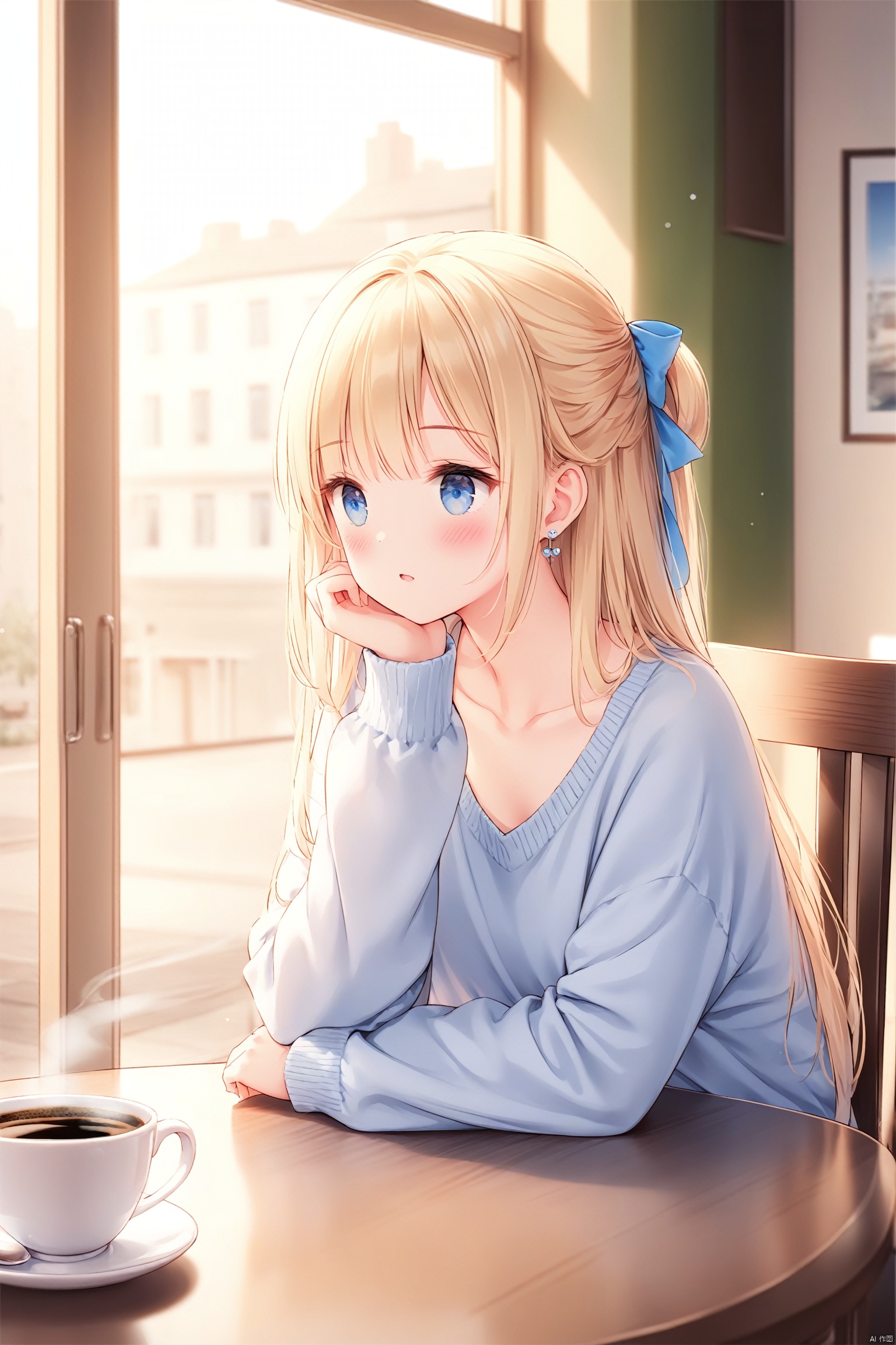 masterpiece,best quality,illustration,ultra detailed,hdr,Depth of field,(colorful),[Artist chen bin],Artist hiten (hitenkei),1girl, solo, long hair, blush, bangs, blue eyes, blonde hair, shirt, long sleeves, bow, ribbon, jewelry, sitting, collarbone, hair bow, earrings, indoors, blurry, sweater, cup, sleeves past wrists, window, blue bow, chair, looking away, table, steam, half updo, teacup, head rest, coffee, cafe, looking outside,hazy atmosphere