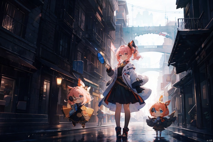 Masterpiece, Best Quality, High Resolution, PVC, Rendering, Chibi, High Resolution, Single Girl, Anya, Anya Forger, Steampunk Costume, Pink Hair, Bob Hair, Smile, Selfish, Chibi, Being Chased Around the City, One Hand Magnifying Glass , Smile, Smile, Self-Justice, Full Body, Chibi, 3D Figure, Toy, Doll, Character Print, Front View, Natural Light, ((Real)) Quality: 1.2)), Dynamic Pose, Cinematic Lighting